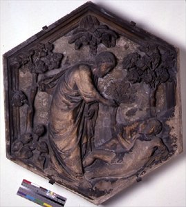 Stworzenie Adama, sześciokątna dekoracyjna płytka reliefowa z serii ilustrującej epizody z Księgi Rodzaju, prawdopodobnie według projektów Giotta (ok. 1266-1337) ok. 1334-48 (marmur) autorstwa Andrea Pisano