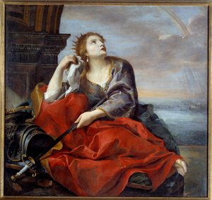Didon, królowa Kartaginy, porzucona przez Enee. Wycelowała miecz w brzuch na znak rozpaczy. Obraz Andrea Sacchi (1599-1661) 1635 Nd. 1,4x1,48 m Caen, Muzeum Sztuk Pięknych