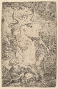 Apollo po prawej trzymający łuk goni Daphne po lewej, ca. 1538-40. autorstwa Andrea Schiavone