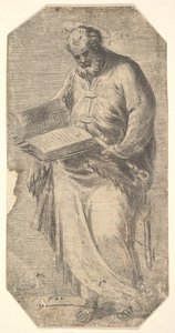 Św. Piotr trzymający dużą otwartą księgę, u boku klucze, z „Chrystusa i Apostoła..., ca. 1548-50.