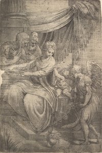 Święta Rodzina, anioł z kwiatami zbliżający się z prawej strony, ok. godz. 1550-53. autorstwa Andrea Schiavone