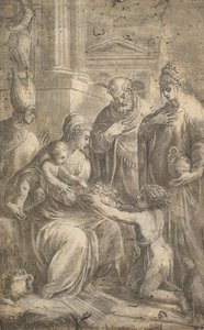 Różni święci świadkowie hołdu Jana Chrzciciela dla Dzieciątka Chrystus. autorstwa Andrea Schiavone