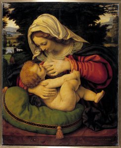 Dziewica z zieloną poduszką Obraz Andrea Solario (1460-1522) XV w. Słońce. 0,59x0,47 m²
