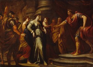 Estera (Hadasa nietoperz Avilail) przed Aswerusem (utożsamiana z Kserksesem I, królem Persji, 519-465 pne) (Estera przed Aswerusem). Estera zostaje wybrana na żonę przez króla perskiego spośród wszystkich zalotników. Obraz Andrea Vacaro (1604-1670), olej n
