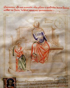 Alegorie geometrii w „Pieśni o cnotach i naukach” Bartolomeo di Bartoli. Akwarela autorstwa Andrei di Bartoli (aktywna w latach 1358-1368) (ms. 599, fo