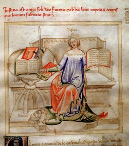 Alegorie sprawiedliwości w „Pieśni o cnotach i naukach” Bartolomeo di Bartoli. Akwarela autorstwa Andrei di Bartoli (aktywna w latach 1358-1368) (ms. 599, fol