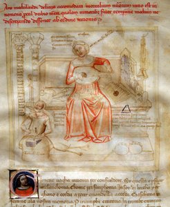 Allegorie de la Musique w „”Chansonne des sept Vertus et des sept Arts liberales destinee à Bruzio Visconti” (La Canzone delle Virtu e delle Scienze) Bartolomeo di Bartoli. Akwarela Andrei di Bartoli (czynna w latach 1358-1368) (ms. 599, fol.
