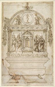 Projekt ołtarza kaplicy, z tabernakulum na Eucharystię (pióro & brązowy tusz z brązowym rozmyciem na białym papierze) autorstwa Andrea del (follower of) Verrocchio