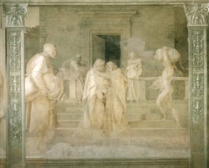 Wizyta Dziewicy u Elżbiety, fragment Opowieści Dziewicy Andrei del Sarto (1486-1530), monochromatyczny fresk, Klasztor Scalzo, Florencja autorstwa Andrea del Sarto