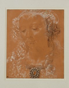 Głowa kobiety ze spuszczonymi oczami, zwrócona lekko w lewo ... autorstwa Andrea del Verrocchio