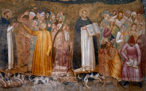 Triumf wojującego kościoła: Tomasz z Akwinu przed heretykami i na dole, Fra Dolcino zerwał oficjalną doktrynę Kościoła. Kaplica Hiszpanów (Detal fresku, 1365)