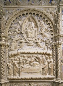 Tabernakulum, szczegół przedstawiający Śmierć i Wniebowzięcie Dziewicy, 1359 autorstwa Andrea di Cione Orcagna