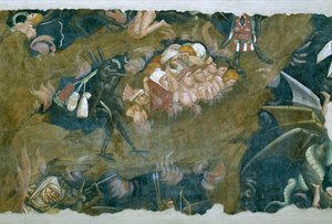 Triumf śmierci, detal przedstawiający potępionych w czeluściach piekielnych, fresk z 1348 r.