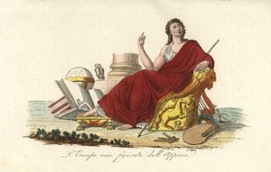 Alegoryczna postać Europy siedząca na tronie w fioletowej szacie z książkami, kulą ziemską, paletą, berłem, lirą i sową autorstwa Andrea the Elder (after) Appiani