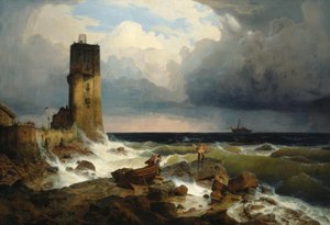 A.Achenbach, duża przystań z latarnią morską autorstwa Andreas Achenbach