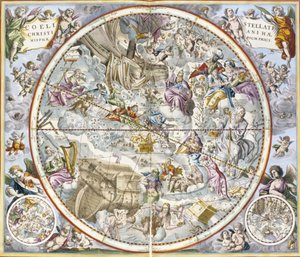 Mapa chrześcijańskich konstelacji w ujęciu Juliusa Schillera z Atlasu niebieskiego lub Harmonii wszechświata atlas coelestis seu harmonia macrocosmica pub. Joannes Janssonius, Amste