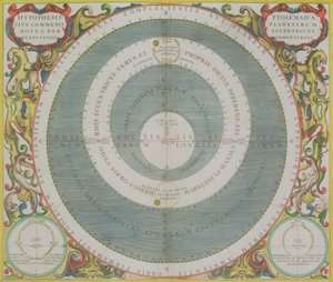 System Ptolemejski, z „Atlasu Niebieskiego, czyli Harmonii Wszechświata” (Atlas coelestis seu harmonia macrocosmica) wyd. Joannes Janssonius, Amsterdam, 1660-61 (ręcznie barwiony grawerunek) autorstwa Andreas Cellarius