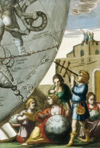 Naukowcy (astrolodzy i astronomowie) badający globusy i mapę nieba, szczegół z Atlas Coelestis seu Harmonia Macrocosmica autorstwa Andreasa Cellariusa (1596-1665) autorstwa Andreas Cellarius