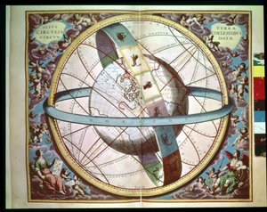 Mapa świata z otaczającym zodiakiem, „Situs Terrae Circulis Coelestibus Circumnate”, z „Atlasu Niebieskiego, czyli Harmonia Wszechświata” (Atlas coelestis seu harmonia macrocosmica) Amsterdam, ok. 1660 autorstwa Andreas Cellarius