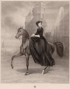 Portret konny Elżbiety Bawarskiej (1837-1898) (Cesarzowej Austrii, powszechnie znanej jako Sissi). Dzieło Andreasa Johanna Fleischmanna (1811-1878), rycina na miedzi autorstwa Andreas Johann Fleischmann