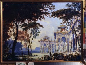 Pałac - Dekoracja przygotowawcza do opery „Rousłan i Ludmiła” Michaiła Glinki (1804-1857) - Scenografia do opery Rusłan i Ludmiła M Glinki - Dzieło Andreasa Leonharda Rollera (1805-1891), akwarela i gwasz na papierze
