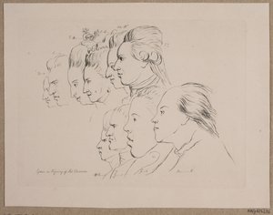 10 portretów: Enevold Brandt, Johann Friedrich Struensee, Caroline Mathilde, Julieane Marie, Dziedziczny książę Frederik, Christian VII, Marie Jeanne Clemens, J.F. Clemens, Jens Juel i Nicolai Abildgaard