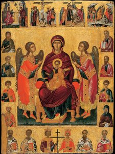 Matka Boska z Dzieciątkiem na tronie (z dwoma aniołami, scena obramowana postaciami ewangelistów i świętych, zwieńczona scenami Męki Pańskiej i poniżej patriarchów Kościoła) (tronująca Dziewica z Dzieciątkiem) - Ikona Andreasa