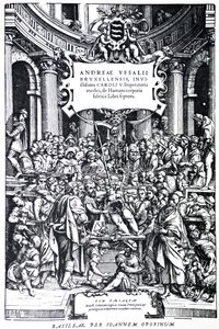 Strona tytułowa do drugiego wydania De Humani Corporis Fabrica, tabl. 3, 1555 autorstwa Andreas Vesalius