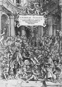 Strona tytułowa De humani corporis fabrica (łac. Na tkaninę ludzkiego ciała), gdzie Andreas Vesalius przedstawia sekcję zwłok