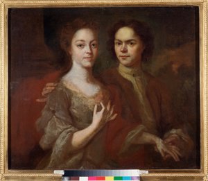 Autoportret z żoną (Autoportret z żoną) - Obraz Andrieja Matwiejewicza Matwiejewa (Matwiejewa) (1701-1739), olej na płótnie, ok. 1729 - Sztuka rosyjska, XVIII-wieczny portret - Państwowe Muzeum Rosyjskie, Sankt Petersburg autorstwa Andrei Matveyev