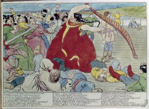 Pokojówka pokonująca Nowogrodzian (Pokojówka pokonująca Nowogrodzian). Ilustracja tradycyjnej opowieści z mitologii, z bohaterką broniącą wolności i niepodległości narodu rosyjskiego. Praca Andrieja Pietrowicza Riabuszkina (Riabutchkina) (1801- autorstwa Andrei Petrovich Ryabushkin