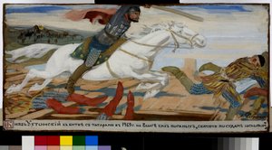 Książę Wasilij Uchtomski stoczył bitwę z Tatarami nad Wołgą w 1469 r. (Książę Uchtomski w bitwie z Tatarami pod Wołgą w 1469 r.). Praca Andrieja Pietrowicza Riabuszkina (Riaboutchkine) (1861-1904), gwasz na papierze autorstwa Andrei Petrovich Ryabushkin