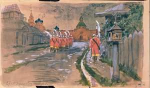 Patrol uliczny przy Bramie Iljinskiej w starej Moskwie. Praca Andrieja Pietrowicza Ryabuszkina (Riaboutchkine) (1861-1904), akwarela na papierze autorstwa Andrei Petrovich Ryabushkin