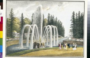 Widok fontanny Samsona w ogrodach górnych Peterhof w Rosji (Fontanna Samsona w ogrodach górnych Peterhof). Litografia i akwarela Andrieja Jefimowicza Martynowa (1768-1826)