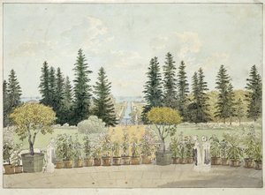 Widok z tarasu Wielkiego Pałacu Oranienbaumów w Łomonosowie, aglomeracja Sankt Petersburga (Widok z tarasu Wielkiego Pałacu Oranienbaumów). Praca Andrieja Jefimowicza Martynowa (1768-1826), akwarela na papierze autorstwa Andrei Yefimovich Martynov