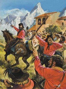 Guiseppe Garibaldi (1807-82) i jego armia w bitwie z neopolitańskimi oddziałami królewskimi (gwasz na papierze)