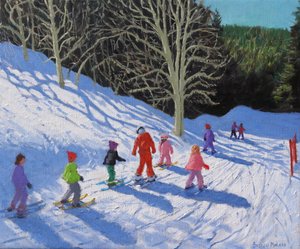 Lekcja narciarstwa dla dzieci, Courchevel do La Tania ,20"x24",2019 (olej na płótnie). autorstwa Andrew Macara