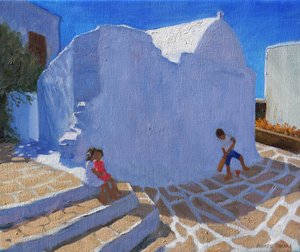 Krykiet przy murze kościoła, Mykonos (olej na płótnie) autorstwa Andrew Macara