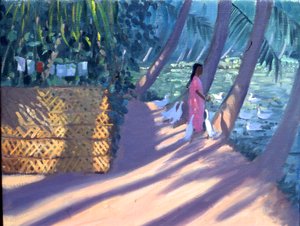 Karmienie kaczek, Kerala, Indie (olej na płótnie) autorstwa Andrew Macara