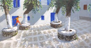 Cztery drzewa, miasto Mykonos, 2022 (olej na płótnie) autorstwa Andrew Macara