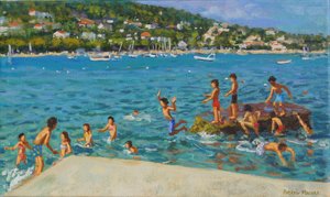 Skakanie ze skał; Cinque Terre, Positano, Włochy, 2000 (olej na płótnie) autorstwa Andrew Macara