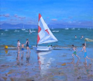 Czerwono-biała żaglówka, Abersoch (olej na płótnie) autorstwa Andrew Macara
