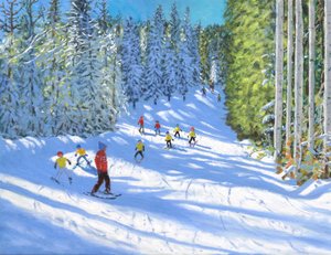 Lekcja narciarska,Samoens,Francja,2020,(olej na płótnie) autorstwa Andrew Macara