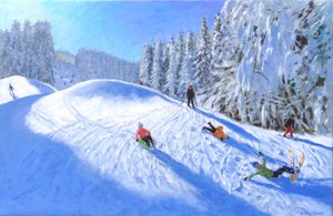 Narciarstwo w Morzine, Francja, 2023 (olej na płótnie) autorstwa Andrew Macara