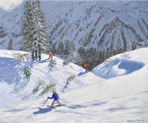Trzech narciarzy, Kitzbuehel, Austria, 2024 (olej na płótnie) autorstwa Andrew Macara