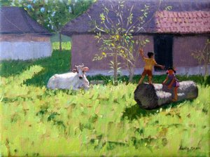 BIAŁA KROWA I DWA DZIECI, WYSPA MANKOTTA, KERALA, INDIE autorstwa Andrew Macara