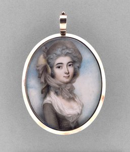 Portret kobiety, ok. 1785 (akwarela na kości słoniowej, 9-karatowe różowe złoto, włosy, tłoczona folia metaliczna i szkło)
