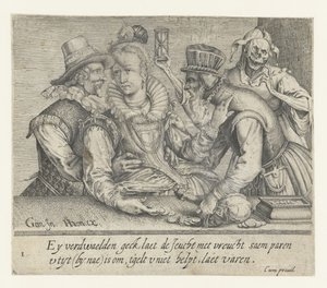 Stary człowiek próbuje kupić miłość młodej kobiety Nierówna miłość (tytuł serii) autorstwa Andries Jacobsz. Stock (possibly)