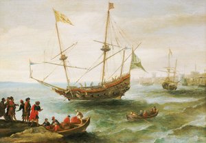 Algierczyk zakotwiczony w porcie w Barbarii (nazwa nadana wybrzeżu Afryki Północnej od XVI do XIX wieku przez Europejczyków). Obraz olejny autorstwa Andriesa van Eertvelta (1590-1652). autorstwa Andries van Eertvelt