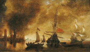O wschodzie słońca po zbombardowaniu portu przez hiszpańską flotę, budynki portowe wciąż tlą się od nocnej bitwy, łódź załadowana żołnierzami porusza się wokół centralnego statku autorstwa Andries van Eertvelt